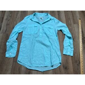 Old Navy Button Down Women Size XS Aqua Blue Linen Blend Long Sleeve Henley Top